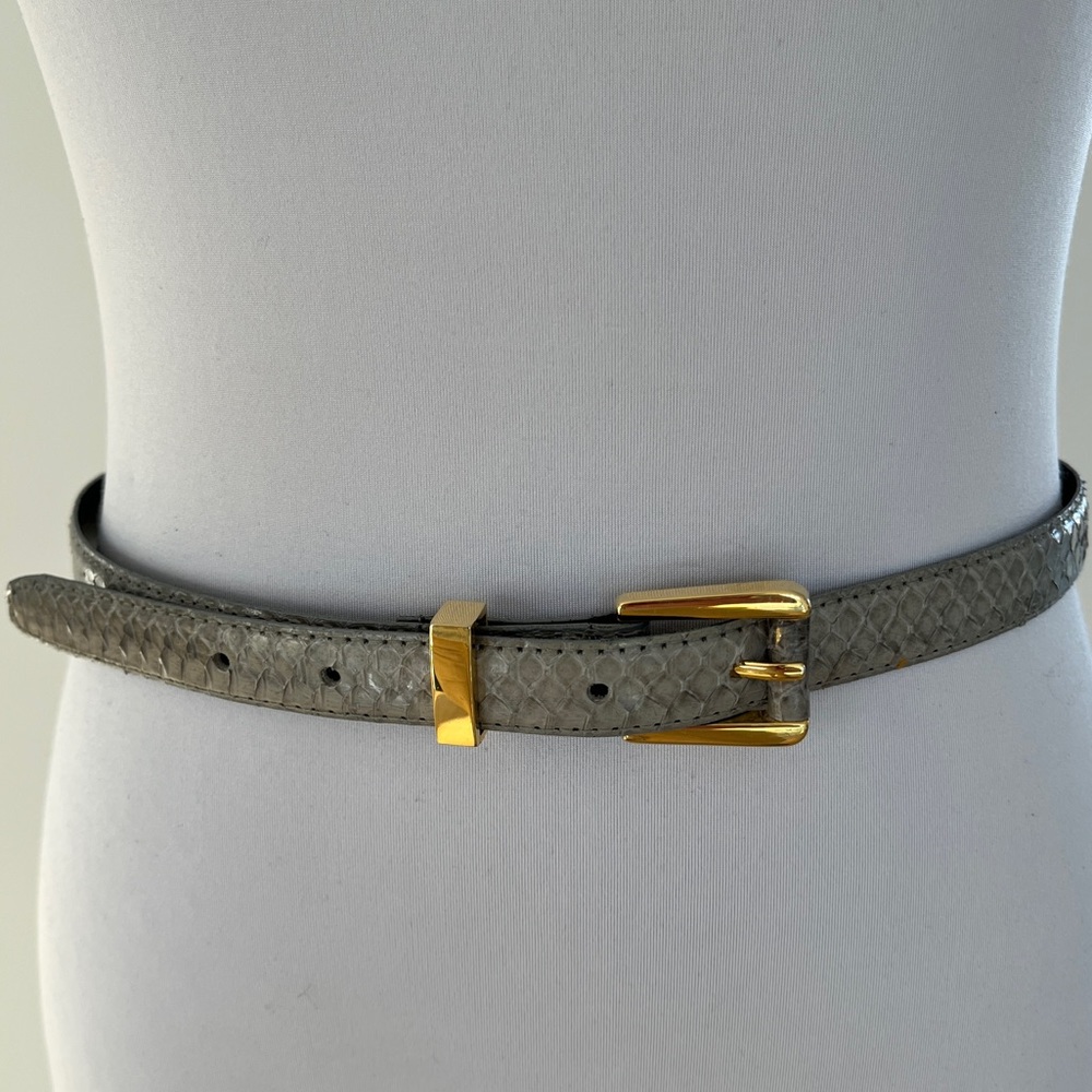 VINTAGE Sheka Thin Belt Grey Genuine Reptile Gold Tone Metal Buckle Elegant Chic